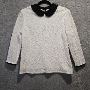 Elle Womens Top S White Black Collar Popcorn Textured - Preppy Cosplay Academia
